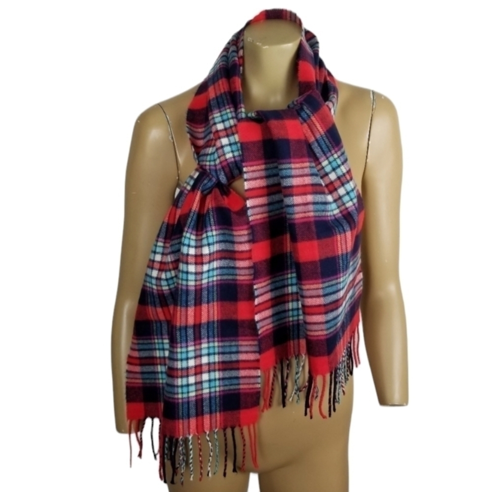 Plaid Multi Color Fringe Scarf Women's Soft 12 Inches Wide Pink Blue Red Unisex